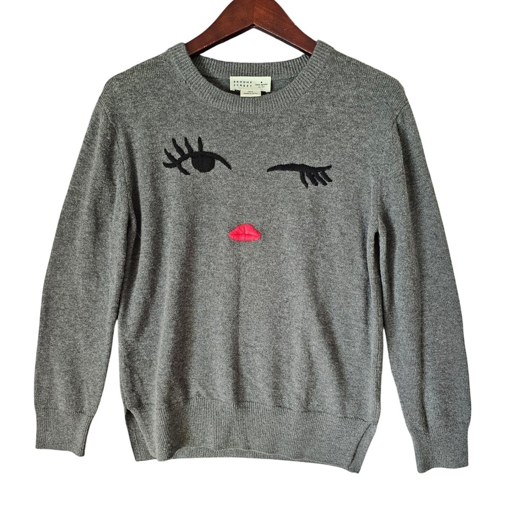 Kate Spade Broome Street Gray Wink Face Embroidered Crew Neck Sweater Women's S